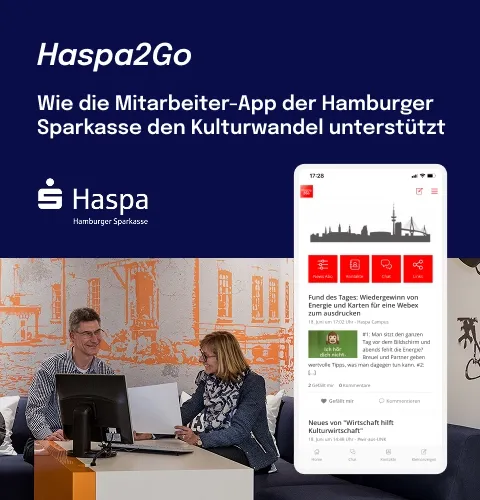 Two people at a desk with a computer and documents. Text promotes Haspa2Go app supporting cultural change at Hamburger Sparkasse.