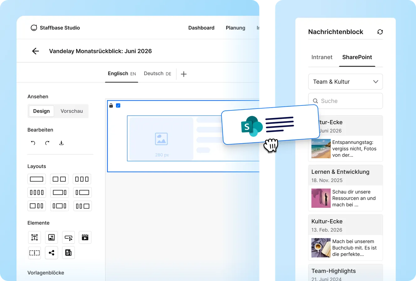 Staffbase Nachrichtenblock mit SharePoint-Integration zur Anzeige von Team-und-Kultur-Inhalten aus einem SharePoint-Ordner