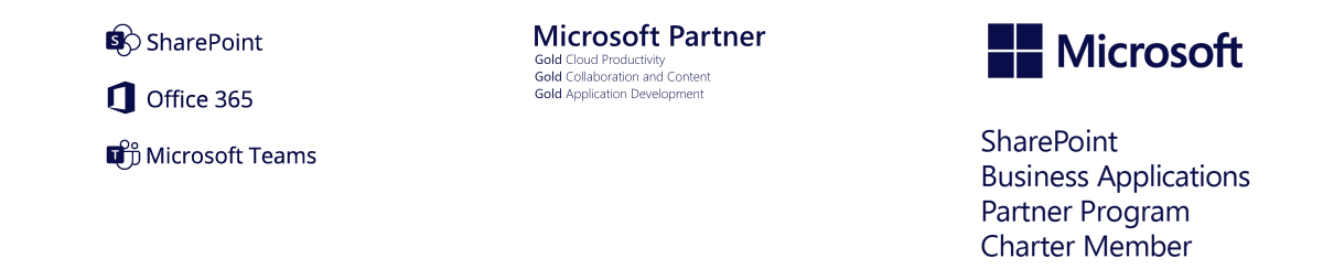 Logos for SharePoint, Office 365, Microsoft Teams, and Microsoft Partner with text indicating SharePoint Business Applications Partner Program.