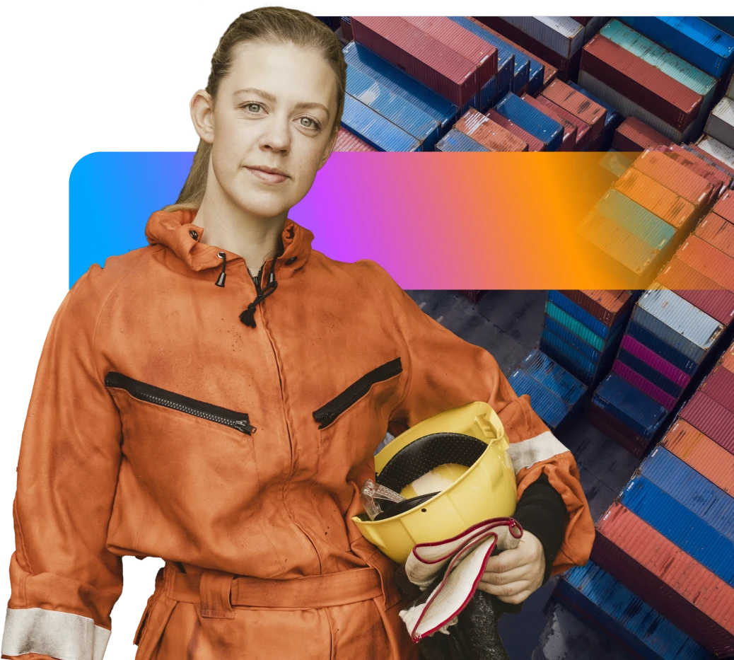 Person in orange work attire holding a yellow helmet, standing in front of stacked shipping containers with a colorful gradient overlay.