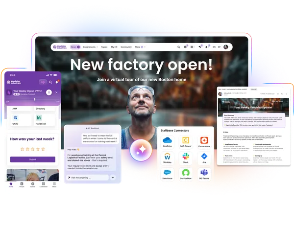 Digital experience platform showcasing an employee app, intranet, and communication tools with a focus on a new factory opening.