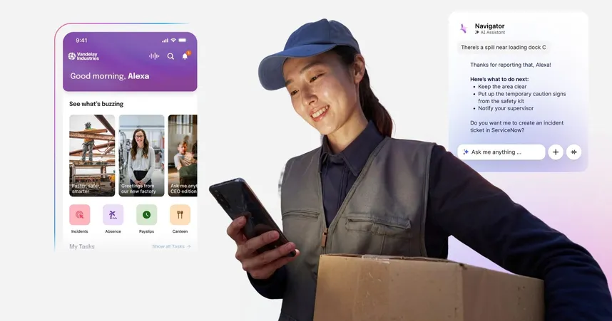 image of essential worker on mobile phone with mobile AI intranet assistant in the background
