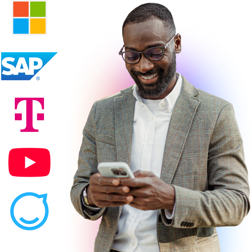 Man in a plaid suit using a smartphone, surrounded by logos of Microsoft, SAP, T-Mobile, YouTube, and a circular arrow icon on a colorful background.