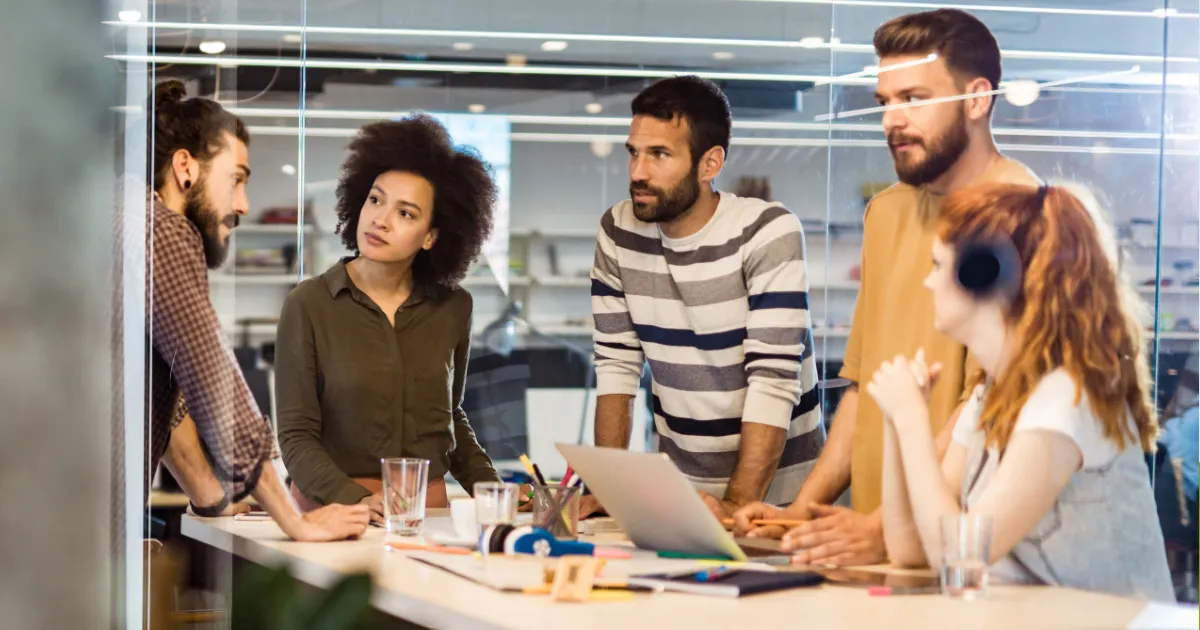 people at work speaking