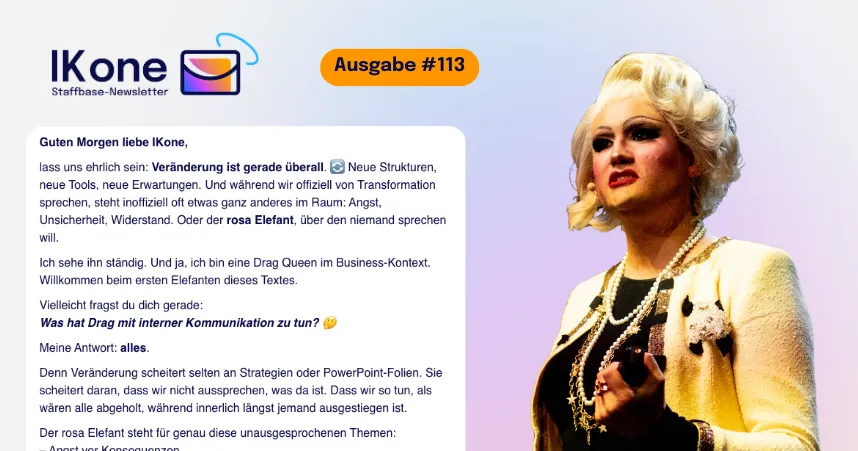 Drag performer on stage gesturing, with text about change, communication, and growth in a newsletter titled "IKone, Ausgabe #113".