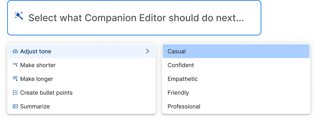 Menu with options to adjust text tone: Casual, Confident, Empathetic, Friendly, Professional. Other actions: Make shorter, longer, bullet points, summarize.