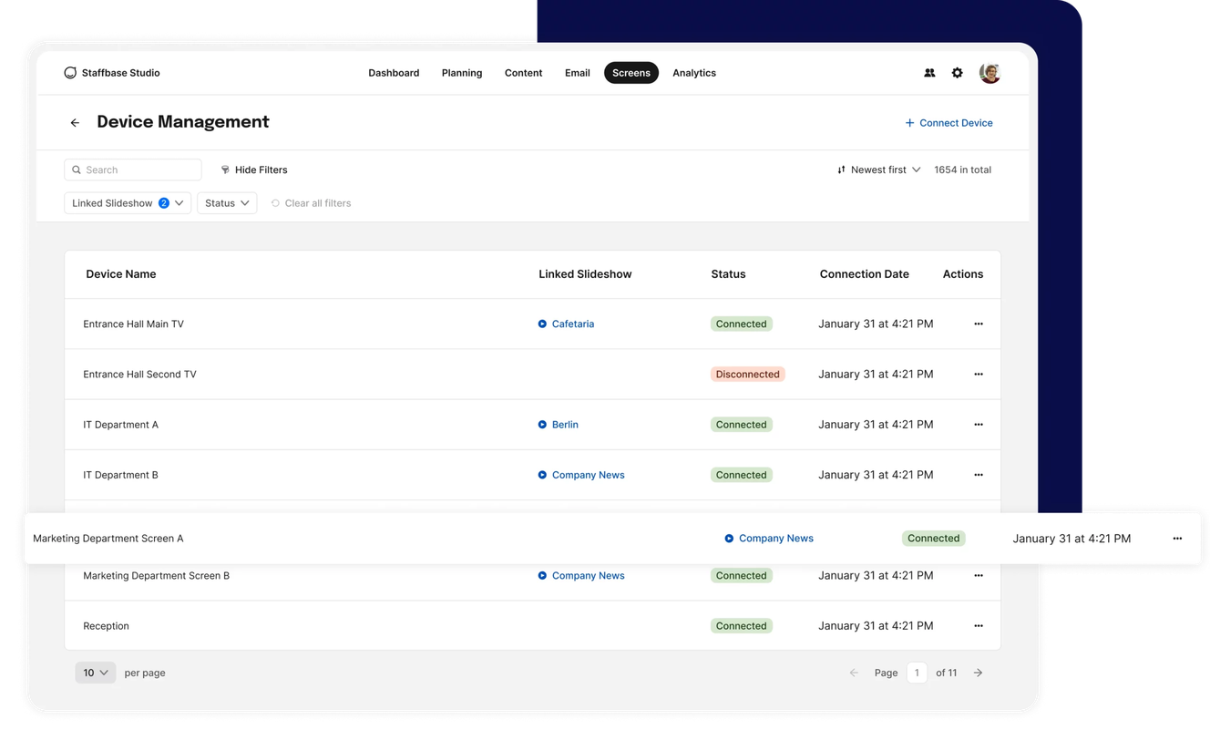 Device management dashboard showing a list of devices, their connection status, and last connection dates, with a highlighted entry on January 31.