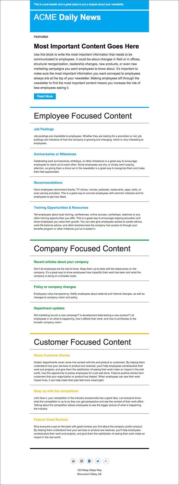 a color-blocked employee newsletter with text