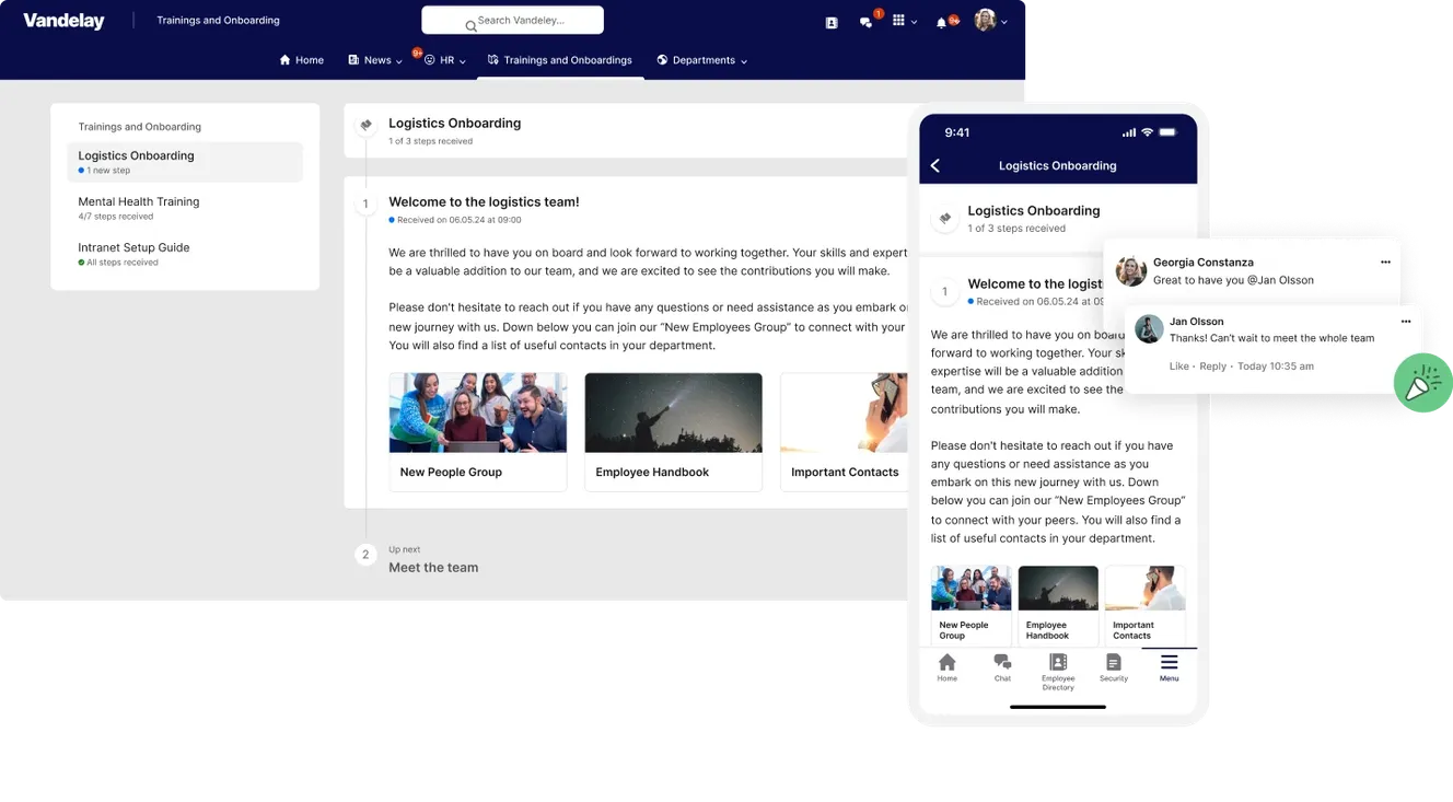 Desktop and mobile views of a logistics onboarding page with welcome text, images, and navigation options.