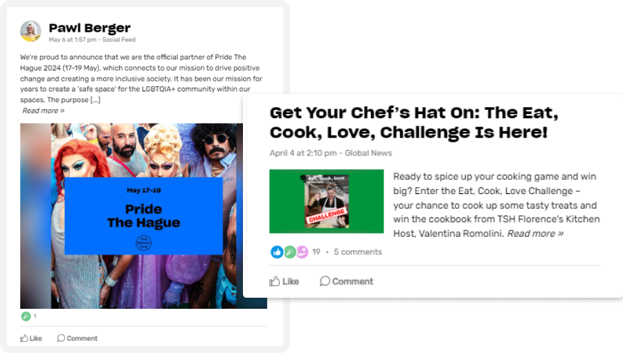 Social media post announcing "Pride The Hague 2024" with a colorful background and another post about a cooking challenge event.