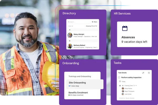 Smiling construction worker holding a yellow helmet, with digital interface showing directory, HR services, onboarding, and task details.
