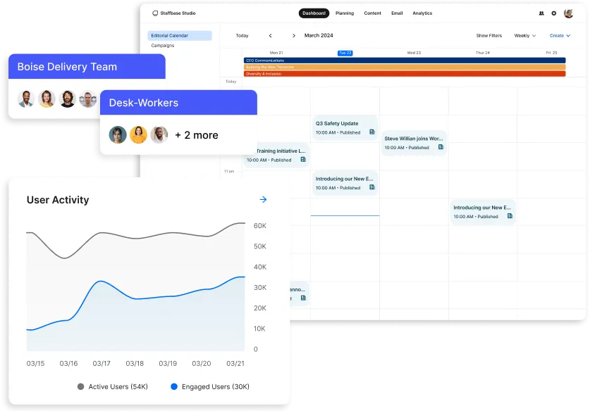 Dashboard with a calendar, user activity graph, and team chat icons, showing project timelines and engagement metrics.