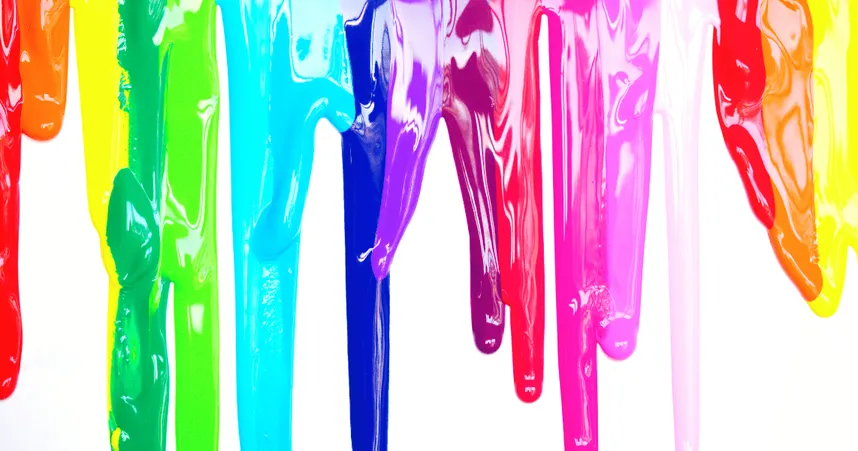 Vertical streaks of thick, glossy paint dripping down a white background in rainbow colors including red, orange, yellow, green, teal, blue, purple, and pink.