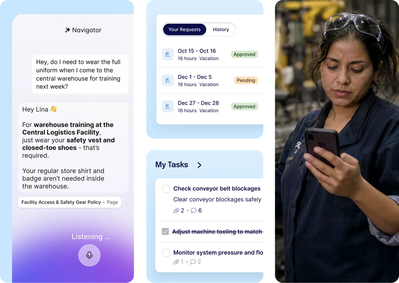 taffbase Navigator answering a uniform policy question via voice input; alongside a vacation request overview with approved and pending statuses, and a task list including conveyor belt and pressure monitoring; a woman in a work uniform checking her smartphone on a factory floor
