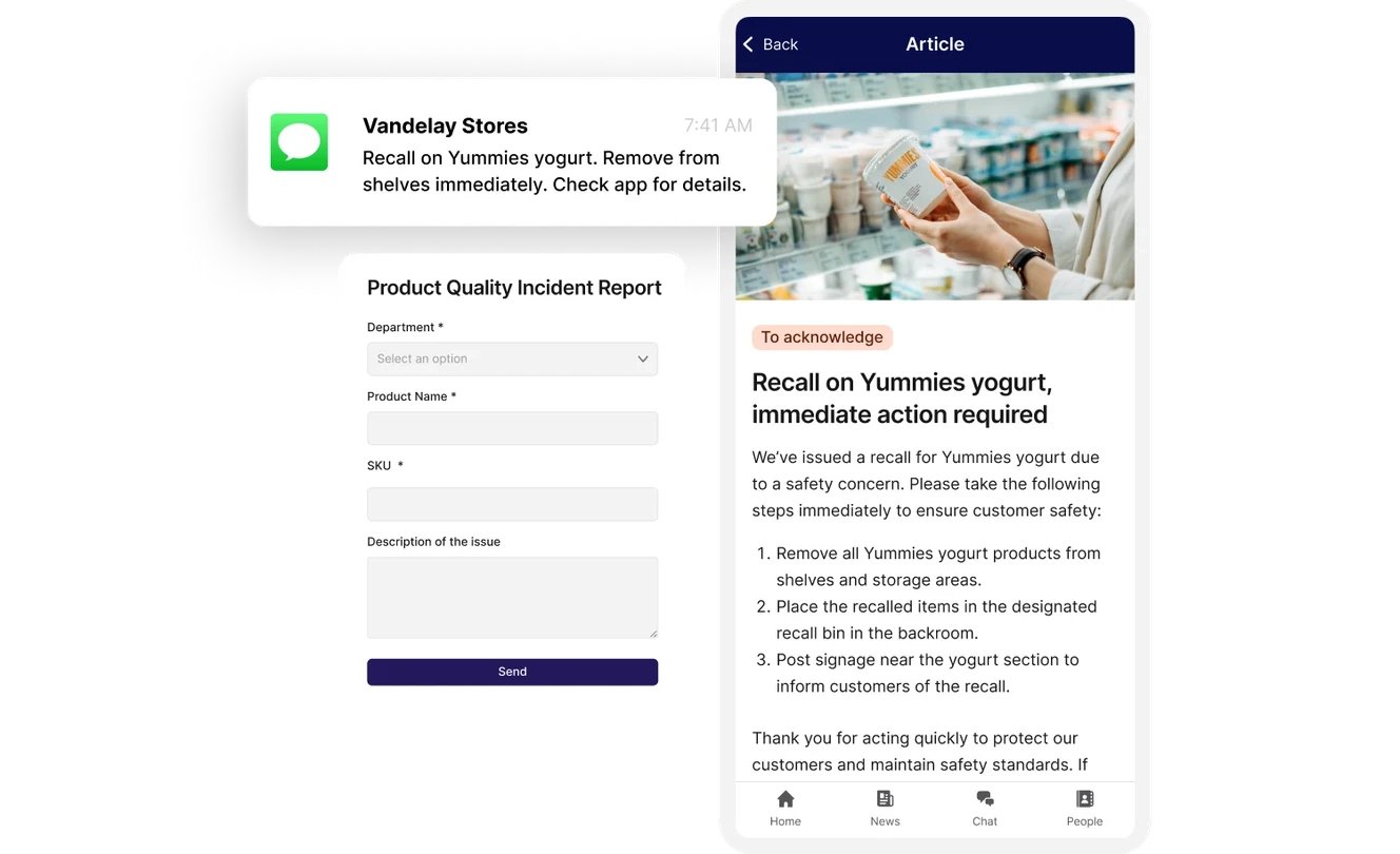 The image shows a notification, a form, and an article related to a product recall. The notification from