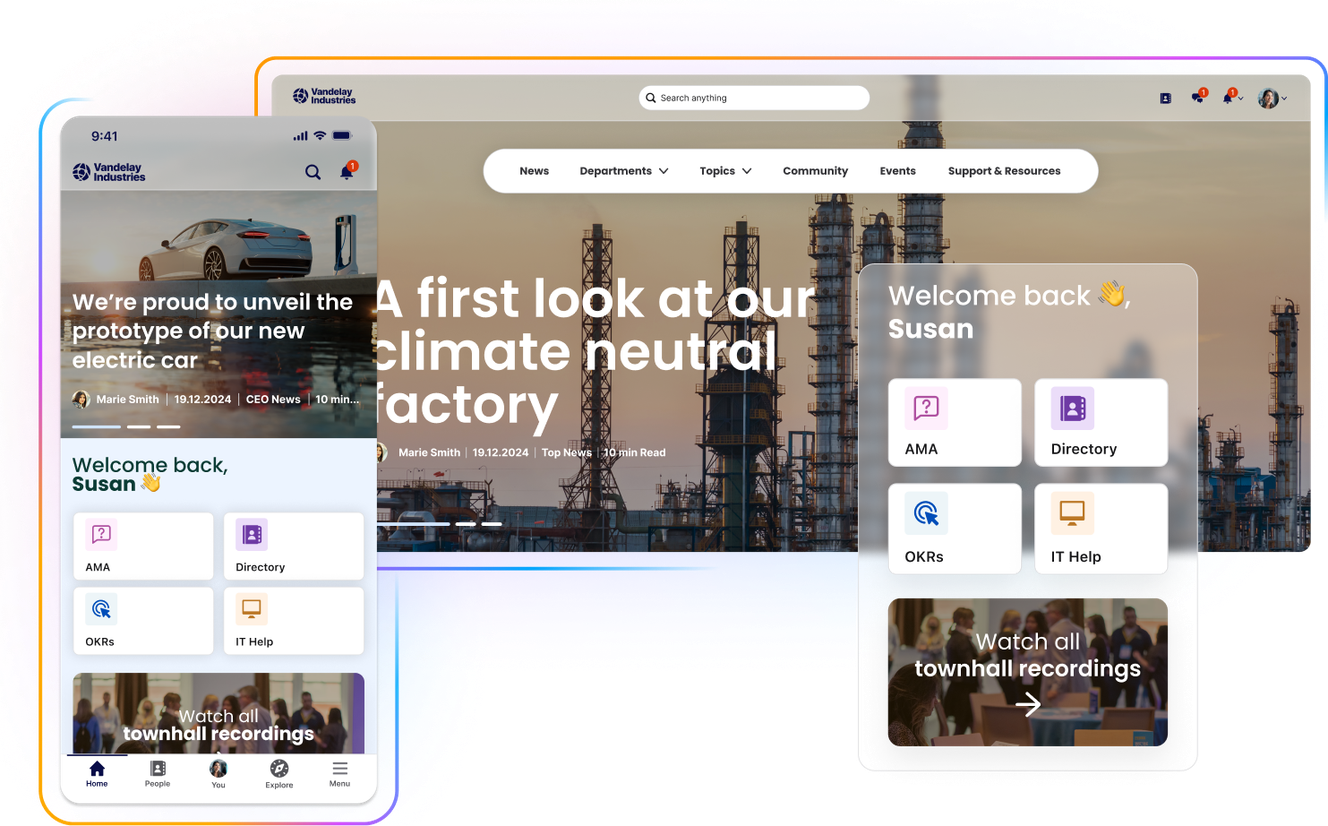 Mobile and desktop views of a website interface, featuring a welcome message, navigation menu, and industrial background image.
