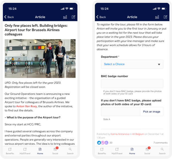 Two smartphone screens showing an article about an airport tour for Brussels Airlines employees, featuring text and an image of people in an airport.