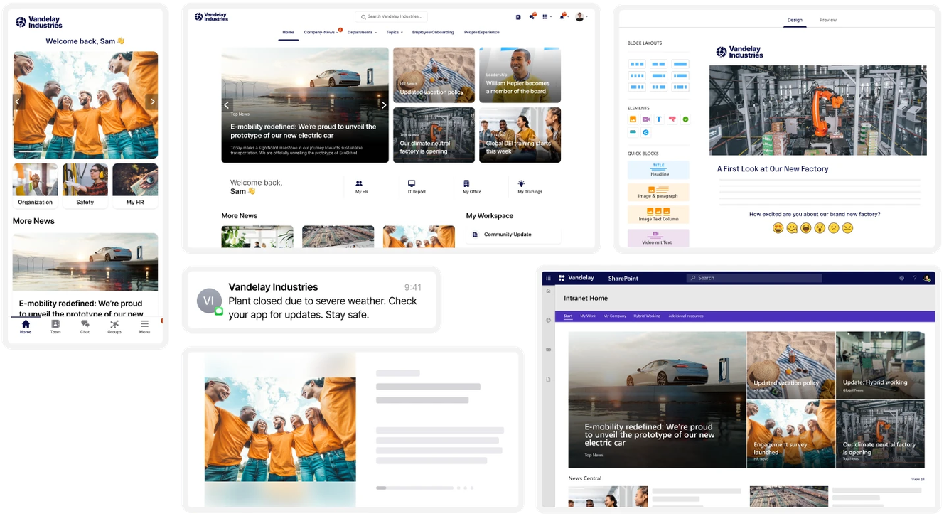 Collage of various corporate dashboard interfaces displaying news, updates, and a team photo of people in orange jackets.