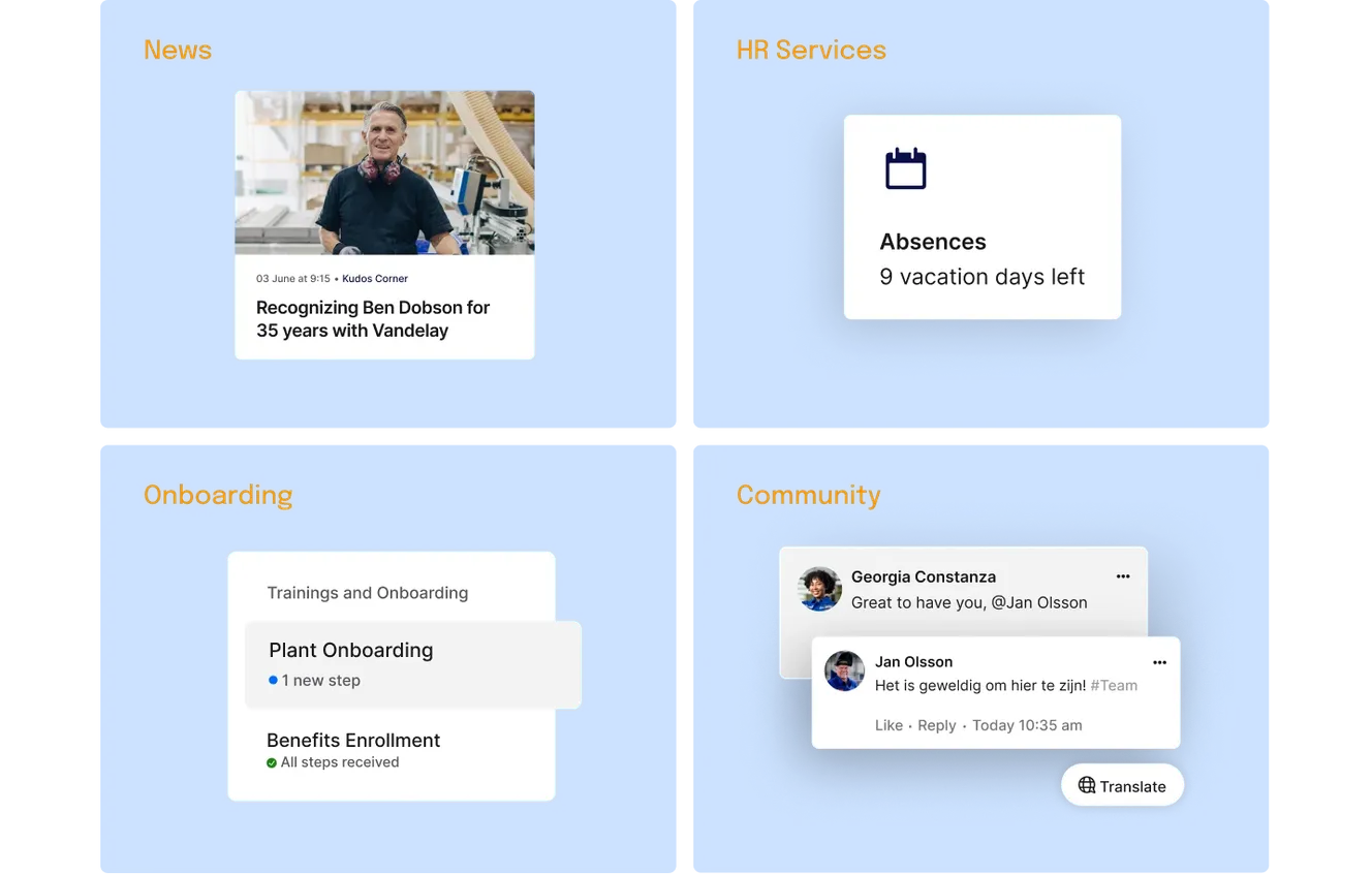 Dashboard with sections: News, HR Services, Onboarding, and Community. Features employee recognition, vacation days, onboarding tasks, and comments.