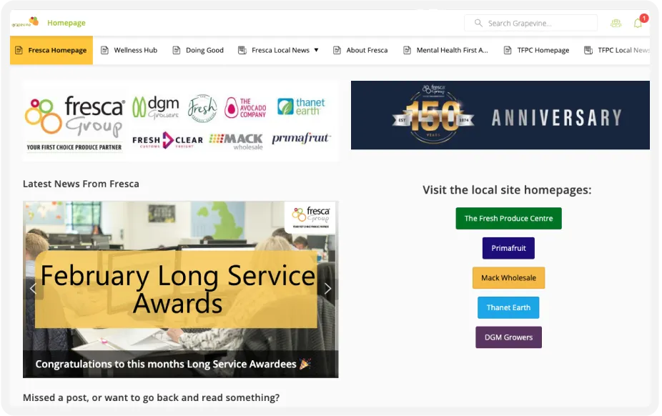 Webpage with a yellow header, logos, and a banner for February Long Service Awards. Side panel lists local site homepages.