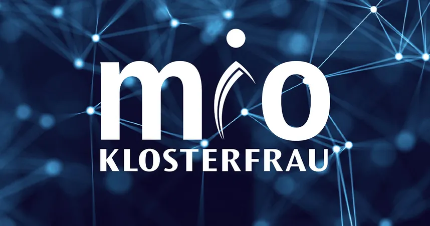 Logo of "mio Klosterfrau" with a network of glowing lines and nodes in the background.