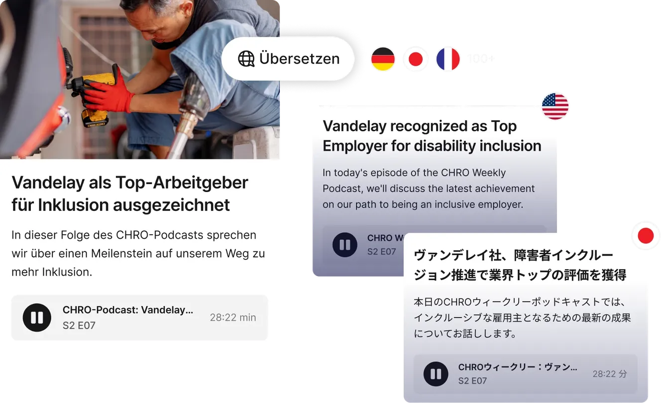 Podcast episode with text in multiple languages discussing Vandelay's recognition as a top employer for disability inclusion.