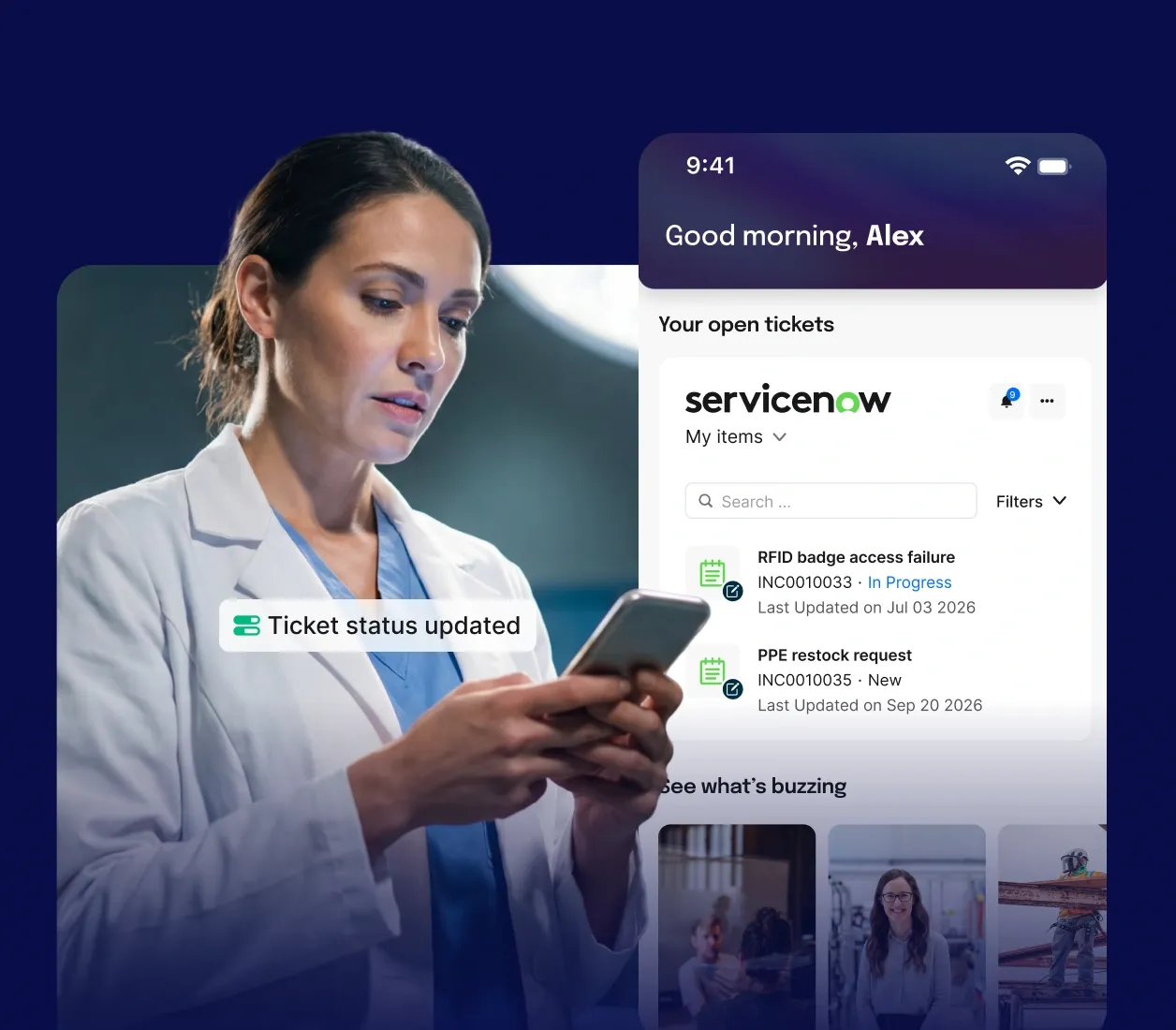 A person in a lab coat checks a smartphone. Screen displays ServiceNow ticket updates and open tickets list.