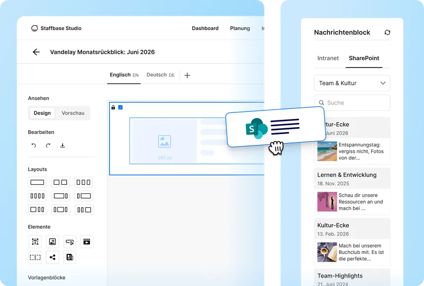 Staffbase Nachrichtenblock mit SharePoint-Integration zur Anzeige von Team-und-Kultur-Inhalten aus einem SharePoint-Ordner