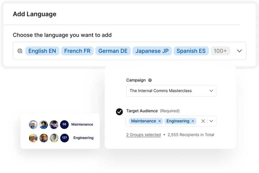 Interface showing language selection options and a campaign setup with target audiences "Maintenance" and "Engineering" selected.
