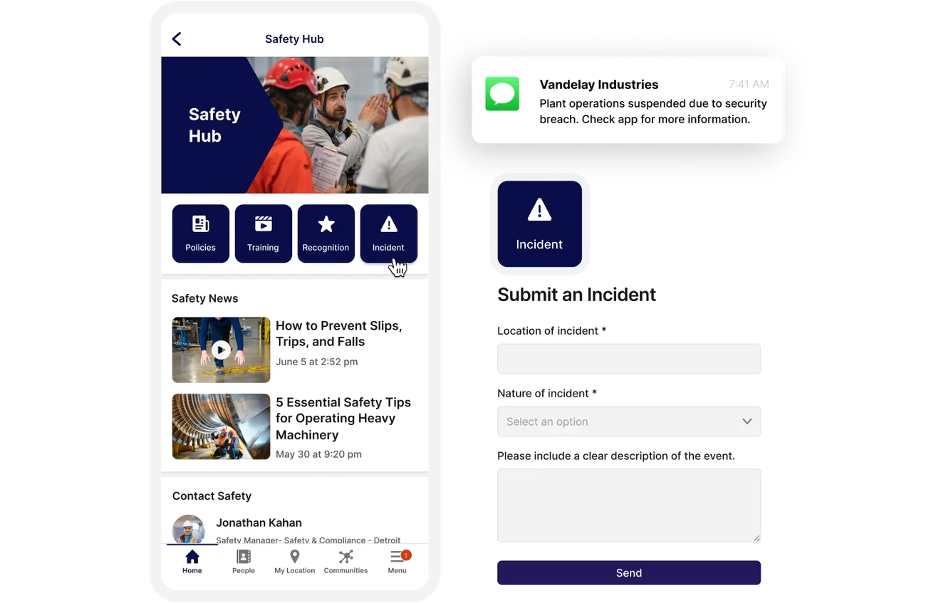 Mobile app interface showing a safety hub with news, training, and incident reporting features, including a notification about a security breach.
