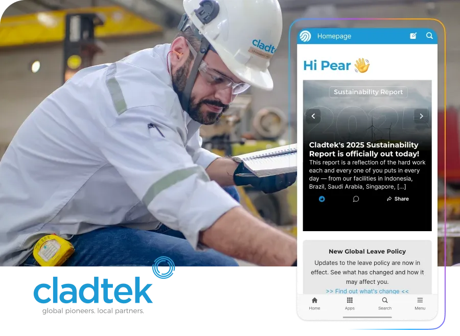 Cladtek employee in hard hat and safety glasses inspecting equipment on-site, with a preview of the Staffbase mobile homepage showing a sustainability report and leave policy update