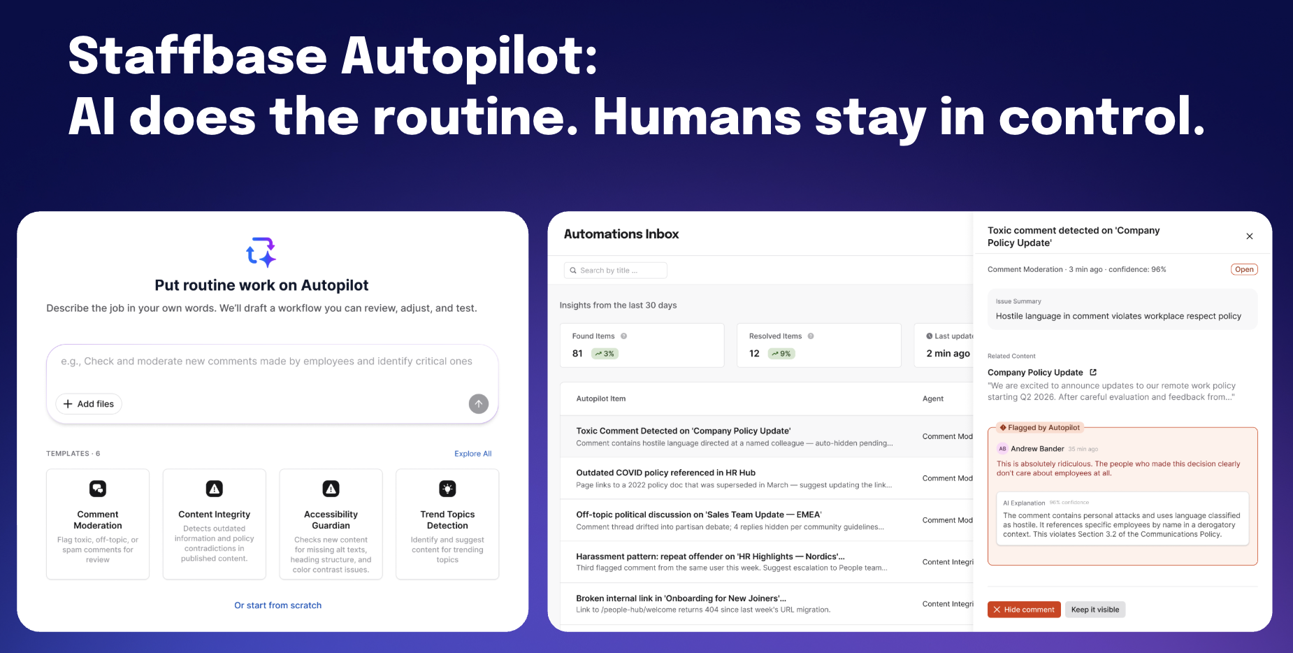 Staffbase Autopilot: AI does the routine. Humans stay in control.