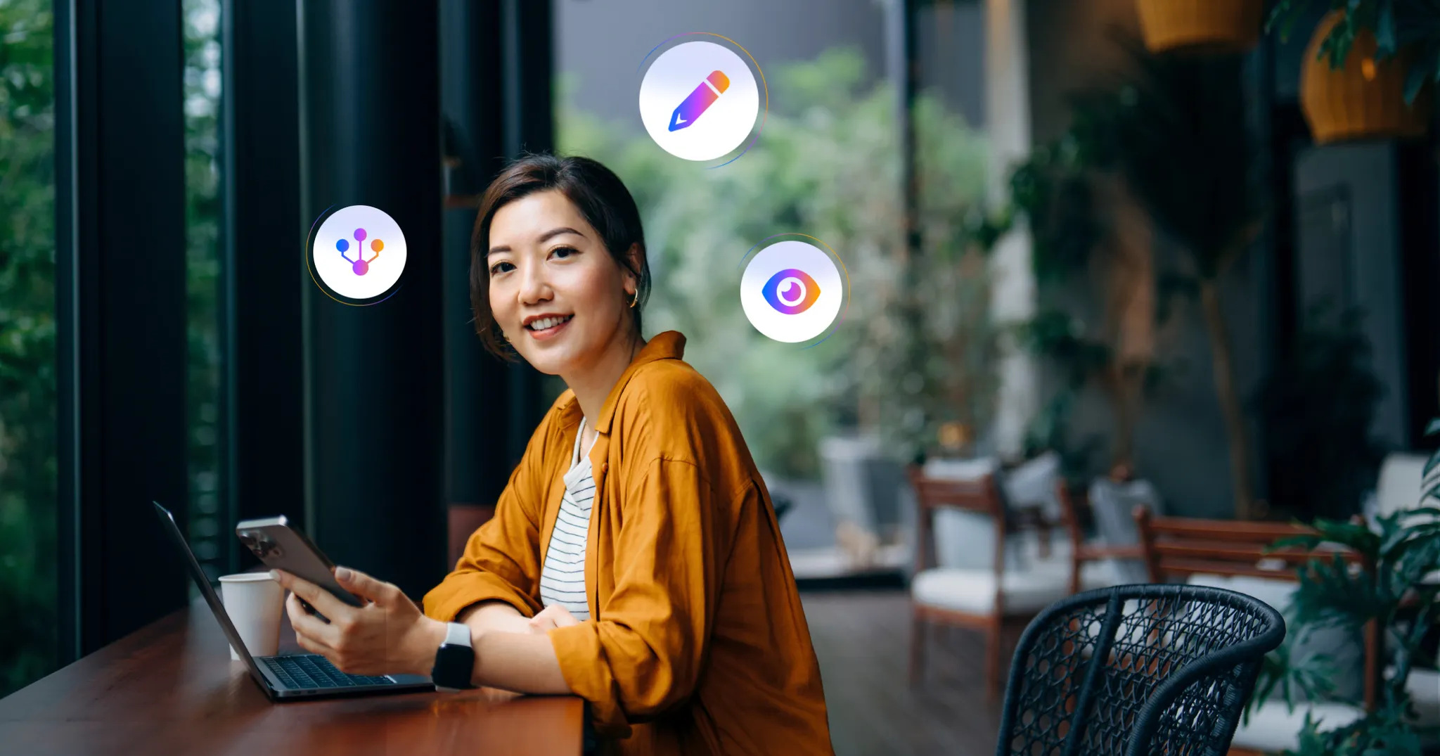 A woman using a smartphone, standing in an office with colleagues in the background. Icons overlayed: flowchart, pencil, and eye.