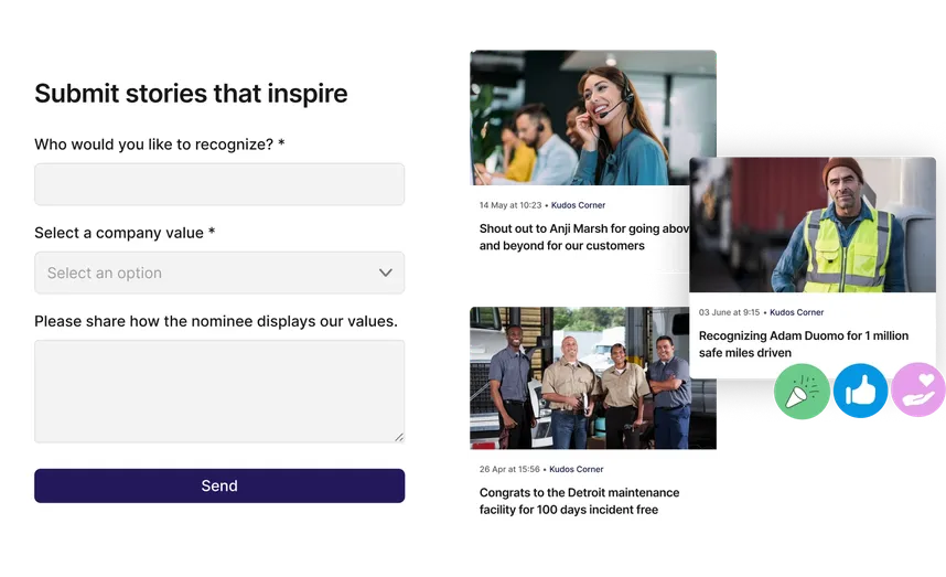 A form for submitting inspiring stories and three images of employees being recognized for their achievements with dates and descriptions.
