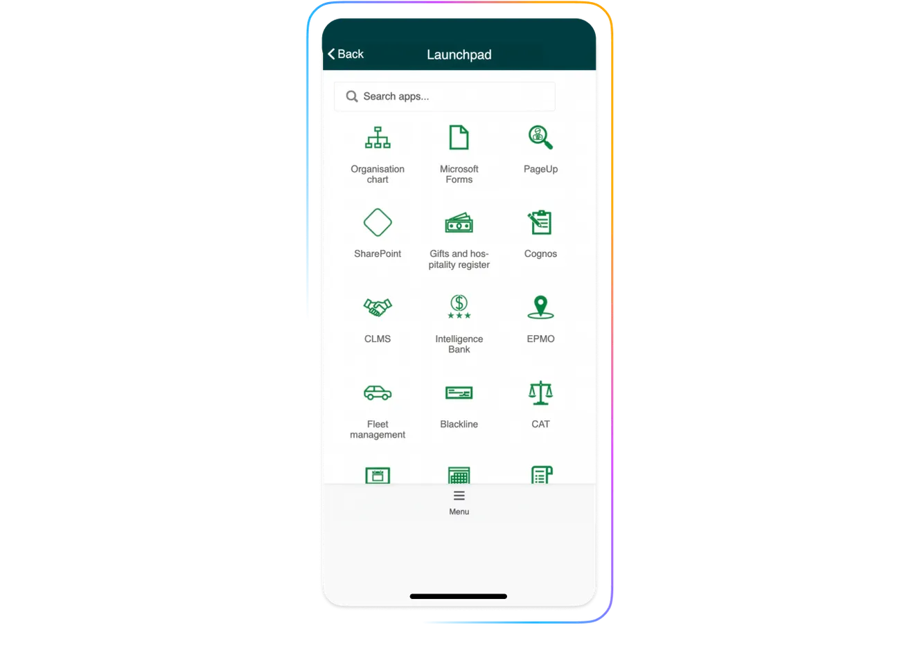 A mobile app interface titled "Launchpad" showing a grid of internal company icons including Organisation chart, Microsoft Forms, SharePoint, and Fleet management on a dark teal and white background.