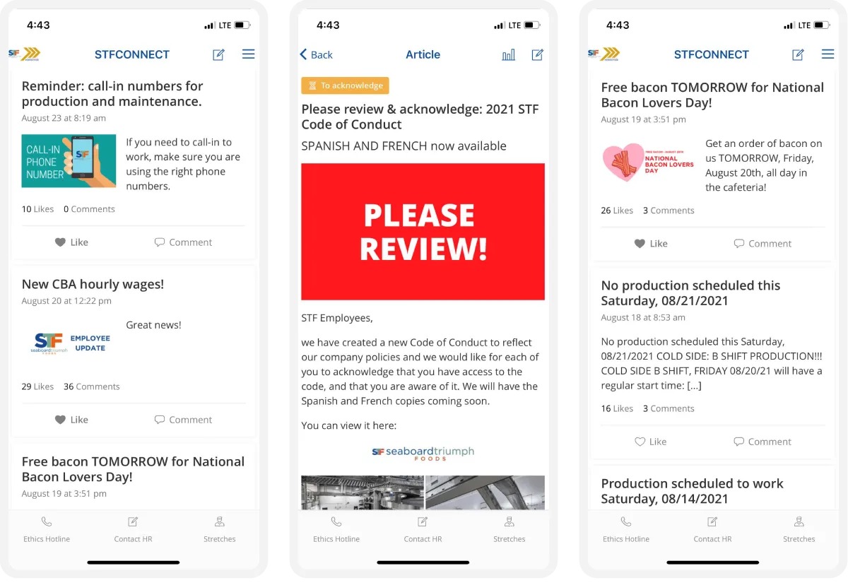 Three smartphone screens displaying a company app with reminders, code of conduct updates, and production schedules. Employee app a-mobile-first-solution-that-informed-engaged-and-aligned-an-entire-workforc-1