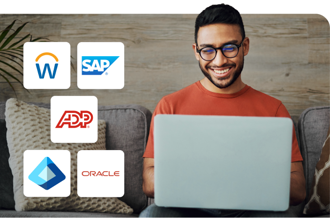 Smiling man using a laptop on a couch, with logos of Workday, SAP, ADP, Microsoft Azure, and Oracle displayed beside him.