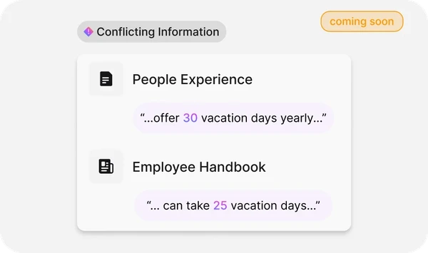 Diagram showing conflicting information: People Experience offers 30 vacation days yearly, while Employee Handbook states 25 days.