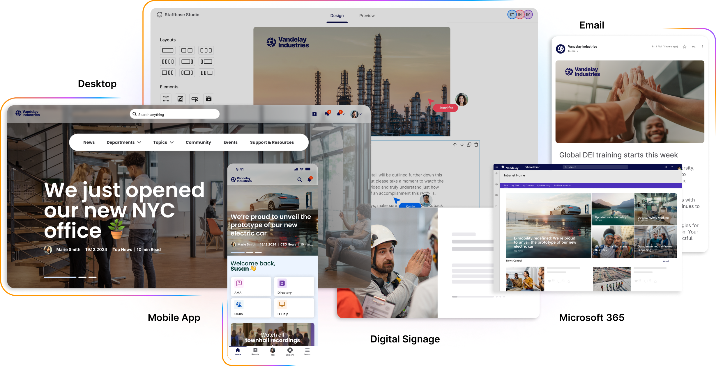 Collage of digital interfaces showcasing a website, mobile app, and digital signage for Vandelay Industries, featuring office and industrial scenes.