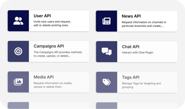 Overview of various APIs with icons and descriptions, including User, News, Campaigns, Chat, Media, and Tags APIs.