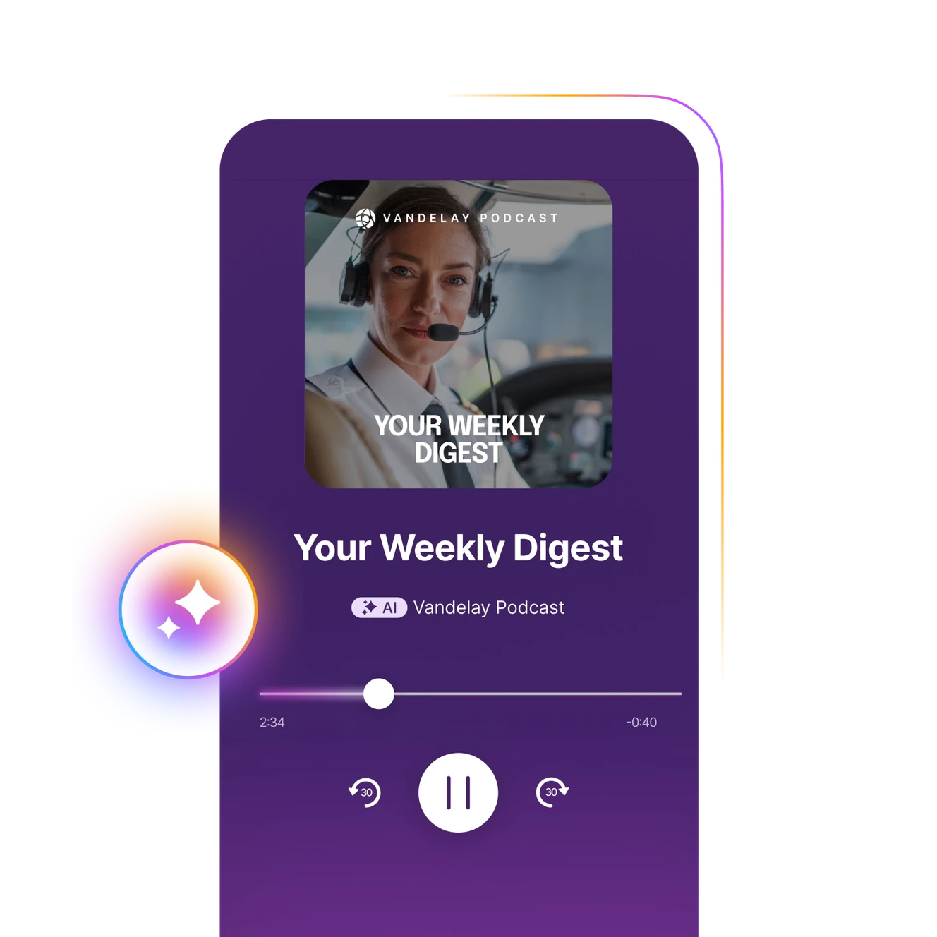 Podcast app interface showing "Your Weekly Digest" episode with a woman wearing a headset. Playback controls are visible below.