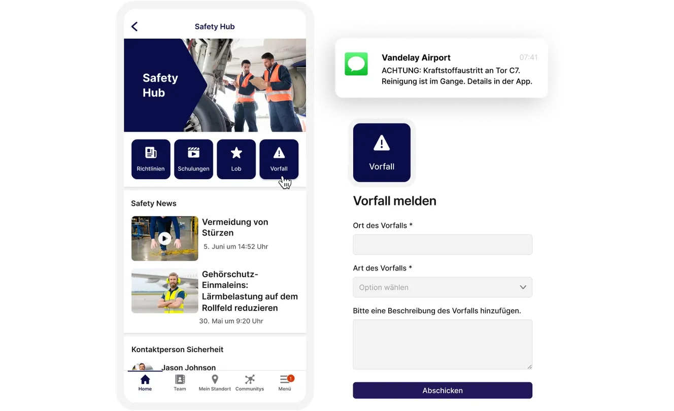 Mobile interface showing a safety app with options like "News" and "Submit an Incident." A notification about a spill at Vandelay Airport is visible.