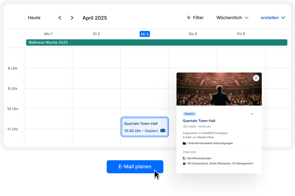 Calendar interface showing a scheduled event, "Quarterly Town Hall," on April 2, 2025, at 10:30 am. A pop-up details the event.