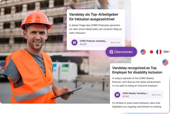 Bauarbeiter nutzt App-Inhalte mit Übersetzungsfunktion in mehreren Sprachen.