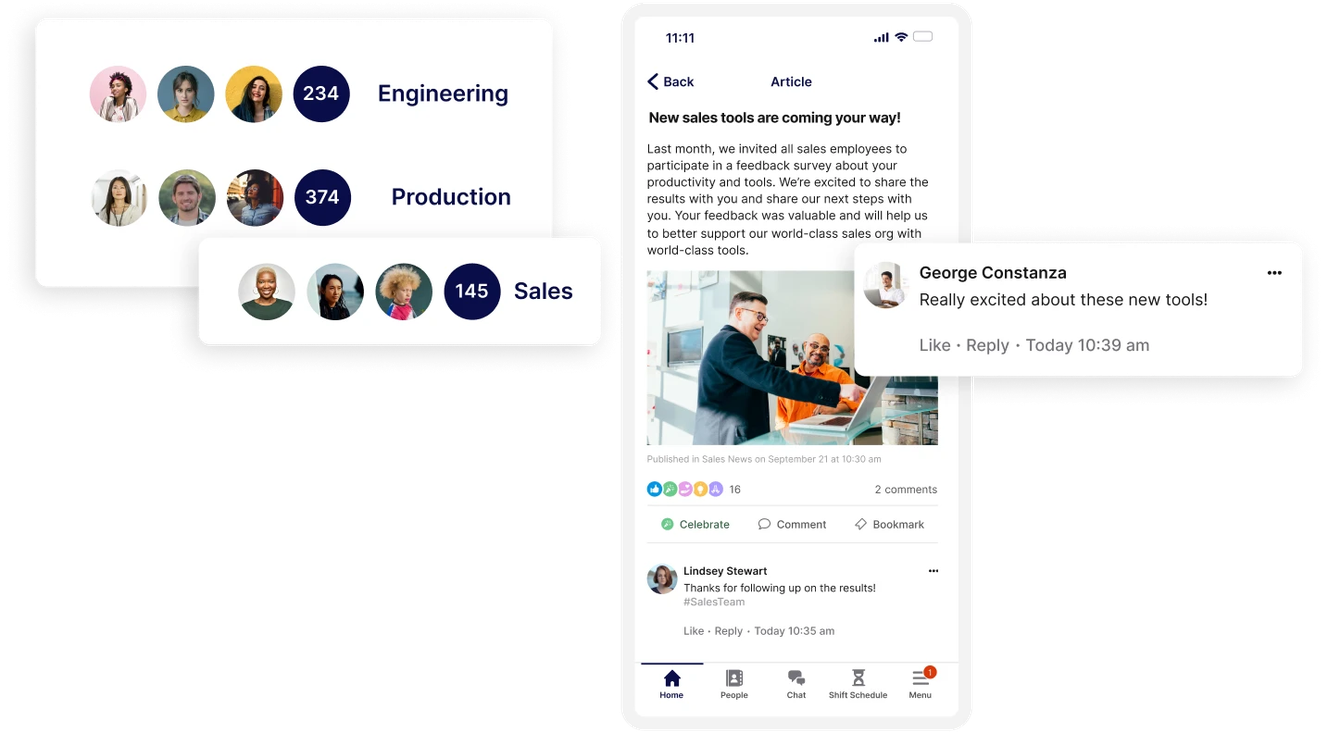 Mobile app interface showing social media posts, comments, and department engagement statistics with user avatars.