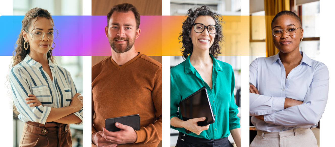 Four diverse professionals, two women and two men, stand confidently indoors, each holding a tablet or notebook, with a colorful gradient background.