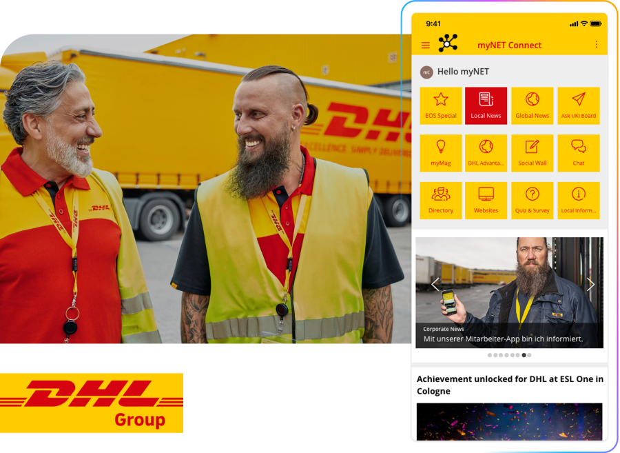 Two DHL employees smiling in front of a DHL truck. A smartphone screen shows the myNET Connect app interface. DHL Group logo is visible.