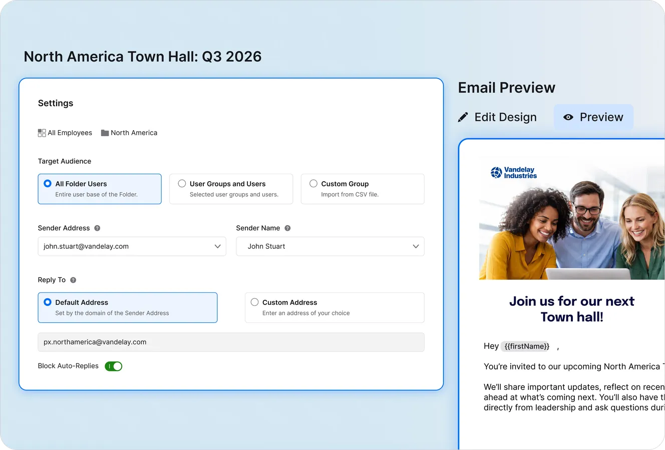Staffbase email campaign setup screen for a North America Town Hall showing audience, sender, reply-to settings, and a live preview.