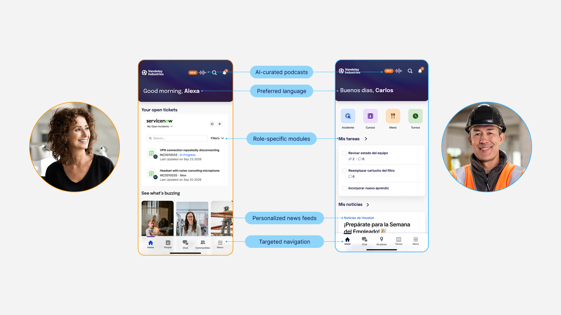 Staffbase employee app in English and Spanish