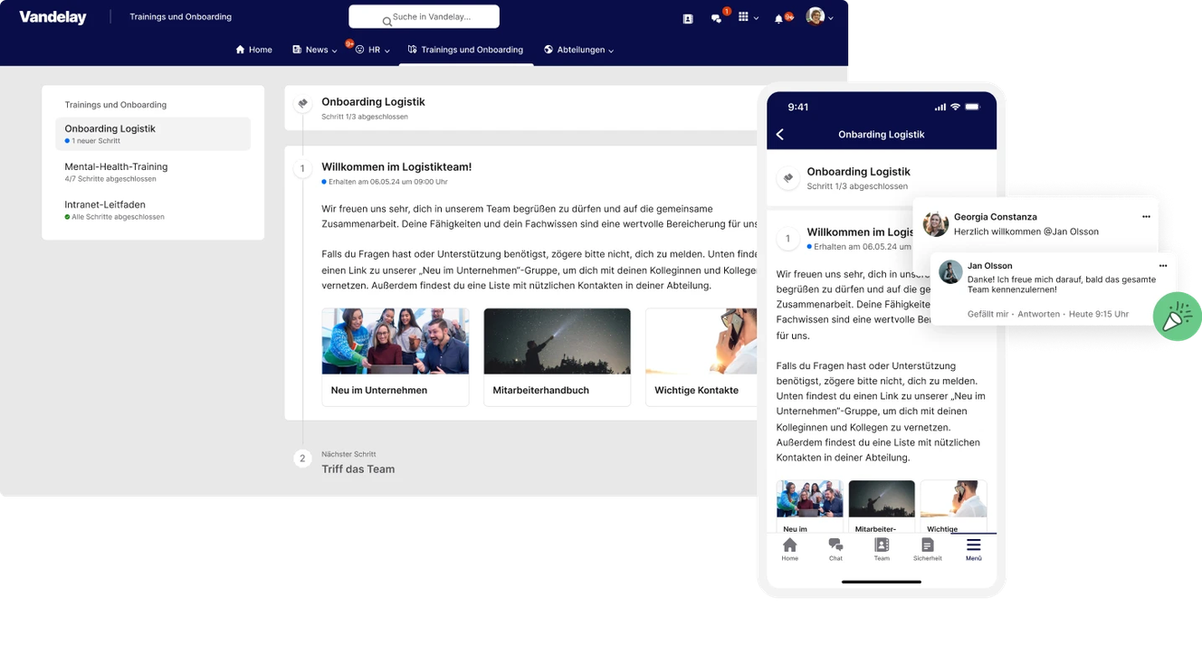 Desktop and mobile views of a logistics onboarding page with welcome text, images, and navigation options.